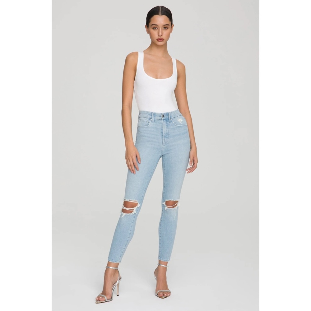 GOOD American Good Waist Crop High Waist Jeans 2/26 Ankle Length Distressed Knee